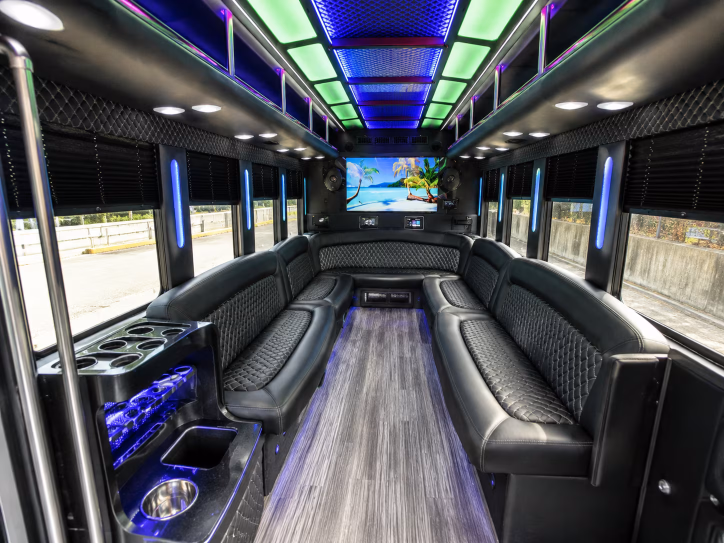 corona 18 passenger party bus inside